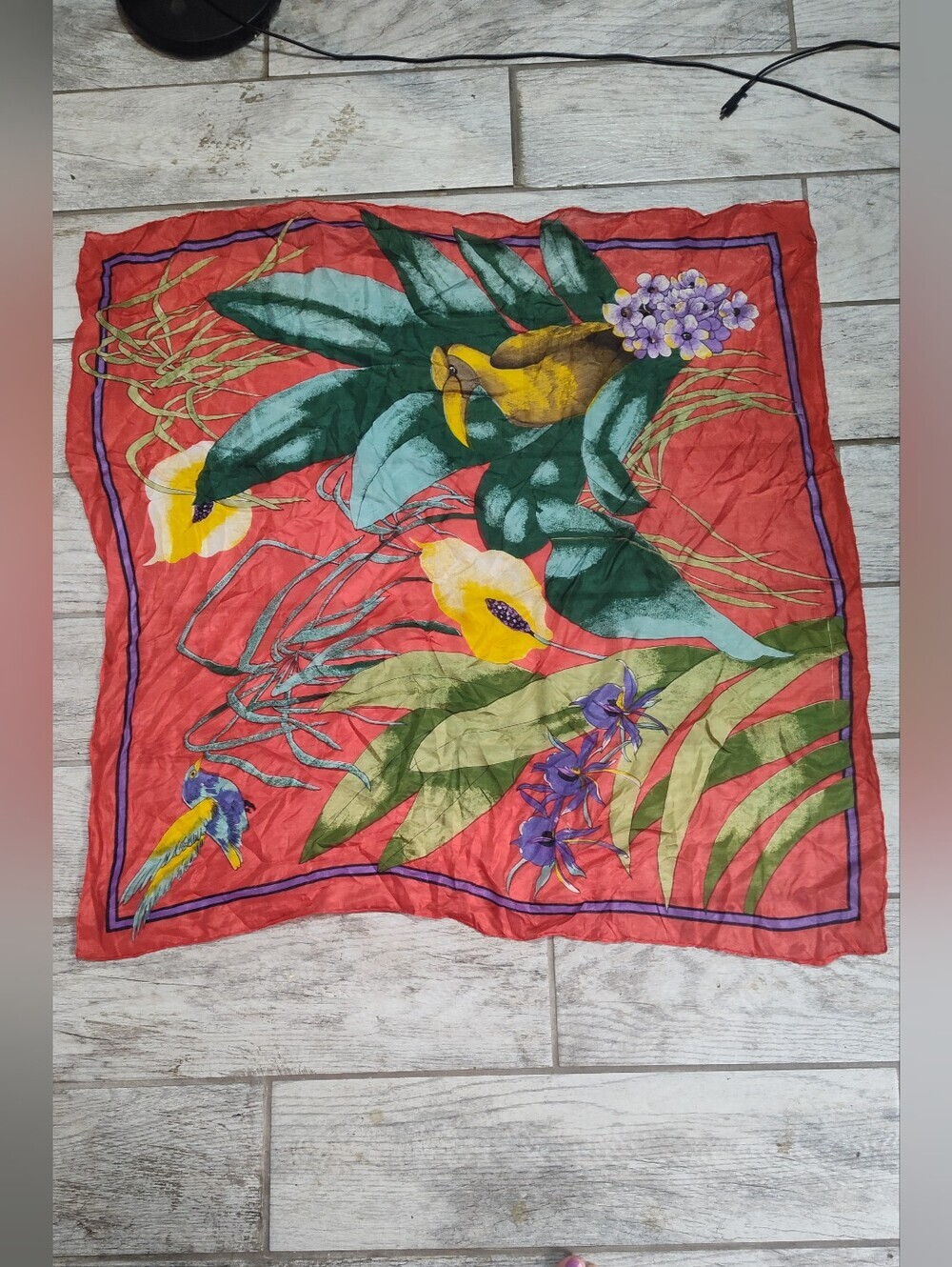 Vintage Source Unknown Coral Floral Tropical Silk Scarf 100% Silk